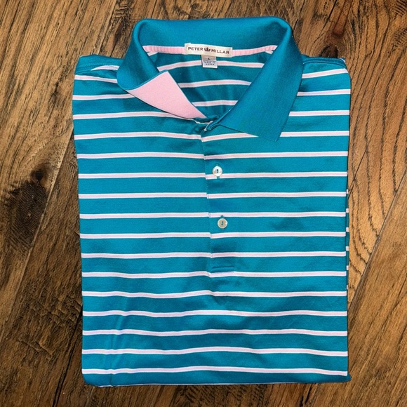 Peter Millar Crown Teal Pink Striped Polo w Contrast Collar - Picture 10 of 11